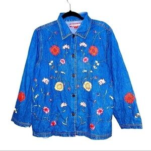Tudor Court Blue Floral Embroidered Cotton Denim Shirt Blouse Large